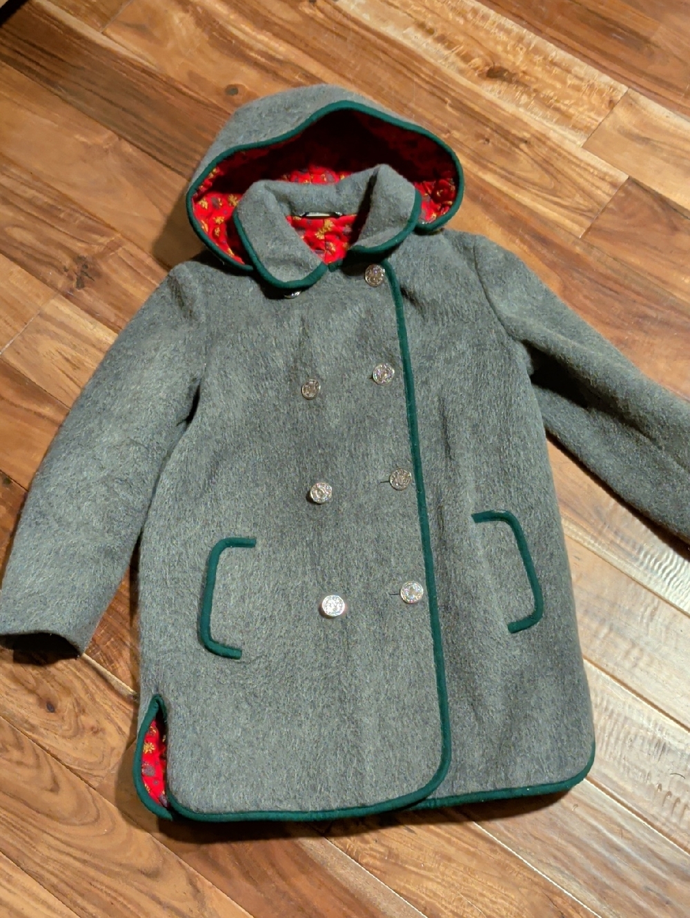 Women's' Double-Breasted Grey Hooded Pea Coat with Green Trim